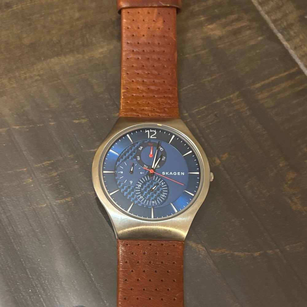 Skagen Blue Dial Watch with Brown Leather Strap - SKW6161